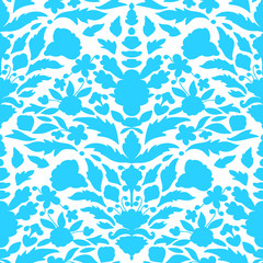 Cyan, blue floral damask ornament on white background, floral seamless pattern. Vector illustration.