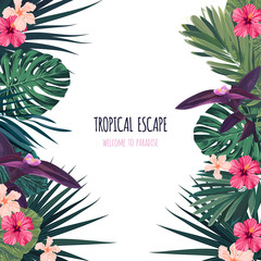 Fototapeta na wymiar Floral square postcard design with hibiscus flowers, monstera and royal palm leaves. Exotic hawaiian vector background.