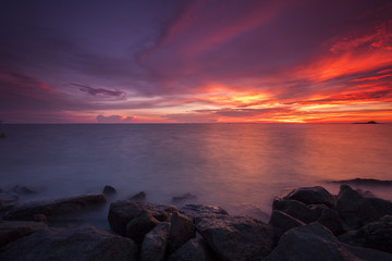 Fototapeta na wymiar scenery of sunset at Tanjung Piandang,Malaysia. Soft focus,motion blur due o long exposure.