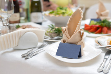 Served table in restaurant or cafe, salads, fruits and vegetables