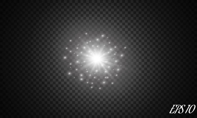 Set of Vector glowing light effect stars bursts with sparkles on transparent background.
