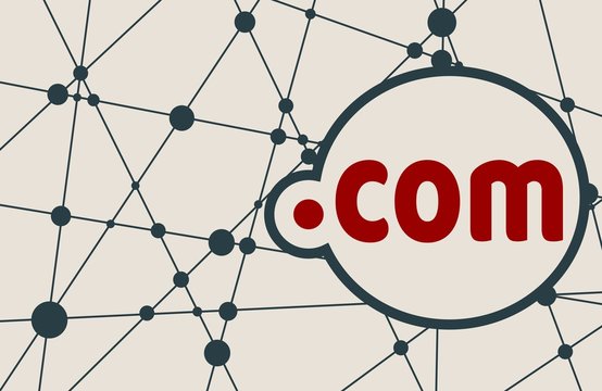 Dot com domain name. Internet and web telecommunication concept. Molecule And Communication Background. Connected lines with dots.