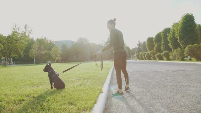 Young woman walking with her stubborn dog at the alley near park 4K