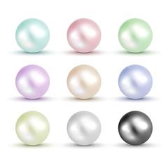 3D shiny natural White Pearl ball set. Vector accessory beauty colorful decoration. Fashion jewel symbol