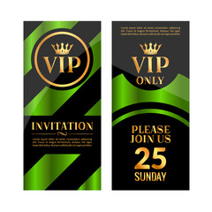 VIP party premium green golden invitation card design. Quilted party banner certificate. Vip club with crown decoration. Elegant premium invitation