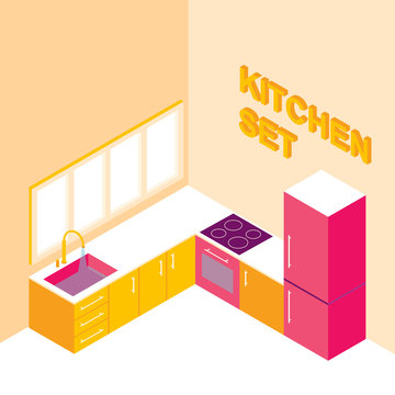 kitchen set in isometric.Modern kitchen interior with walls and colorful furniture.vector illustration with isolated elements.Room includes furniture and major kitchen appliances