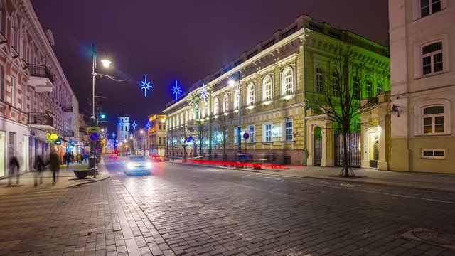 night holidays illumination vilnius city famous traffic street panorama 4k time lapse lithuania 
