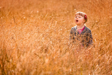 Naklejka na ściany i meble Little girl in the high grass