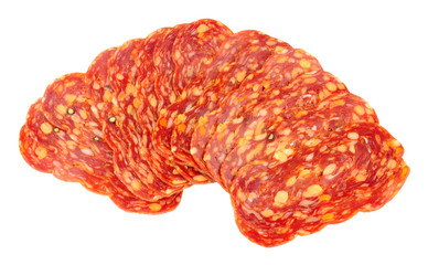 Italian Spianata Piccante salami meat slices isolated on a white background
