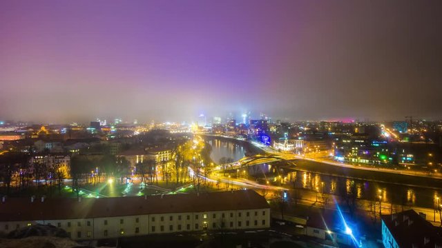 night illumination famous vilnius castle river cityscape panorama 4k time lapse lithuania 
