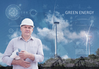 Engineer and a windfarm. Green energy vs oil industry concept