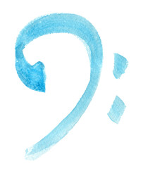 Big musical symbol bass clef painted in light blue watercolor on clean white background