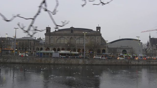 zurich city center famous hauptbahnhof railway station river panorama 4k switzerland
