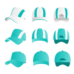 Strip baseball cap turquoise color with colored mesh and adjustable rubber strap isolated vector set