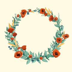 Fototapeta premium Watercolor wild red poppies, gold wheat and blue cornflowers in form of circle on a light background