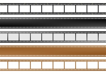 Set of movie and camera blank film strips of different colors with empty windows and without windows