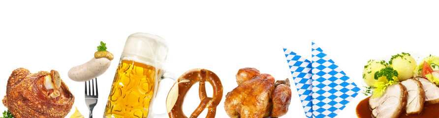 Oktoberfest Banner mit Bier, Schweinehaxe, Brezel, Weißwurst - Essen und Trinken Panorama