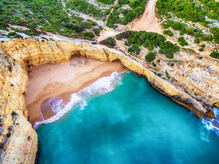 Algarve, Portugal: aerial UAV photo of the coast at sunset
 - obrazy, fototapety, plakaty