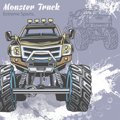 Monster Truck on the sport background with splashes and sketch. Retro vector illustration. Extreme Sports. Adventure, travel, outdoors art symbols. Off Road. © AnasteZia