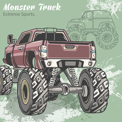 Monster Truck on the sport background with splashes and sketch. Retro vector illustration. Extreme Sports. Adventure, travel, outdoors art symbols. Off Road. © AnasteZia