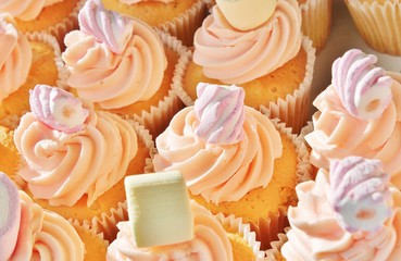 cupcakes pink frosting icing with marshmallows 