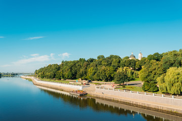 River, City Park And Cathedral Of St. Peter And Paul In Summer Sunny Day