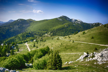 View from Zavizan mountain house on Vucjak peak, Velebit mountain in Croatia