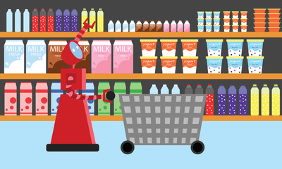 Domestic robot shopping at supermarket. Personal robot housekeeper futuristic concept illustration vector.
