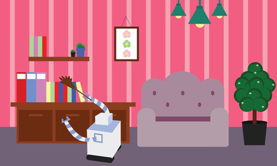 Domestic robot doing cleaning and dusting in a room. Personal robot housekeeping futuristic concept illustration vector.