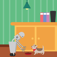 Domestic robot feeding a pet dog. Personal robot housekeeping futuristic concept illustration vector.