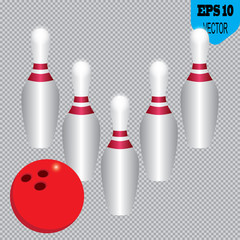 Red bowling ball and skittle Isolated on a transparent background. Vector illustration.