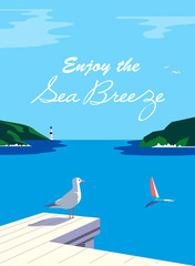 Nautical poster concept. Blue sea scenic view. Marine yacht sailing on blue water. Hand drawn cartoon retro style. Maritime vector Illustration of recreation on seashore. Seaside banner background