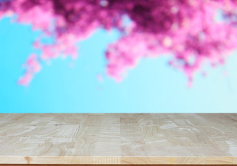 Wood table on tree flower pink sakura in japan background