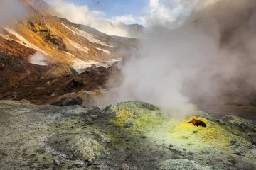 inside Mutnovsky Volcano  active vents and steam sulphur toxic surreal landscape 