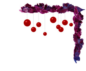 Angular pattern of red leaves, with red balls isolated on white background