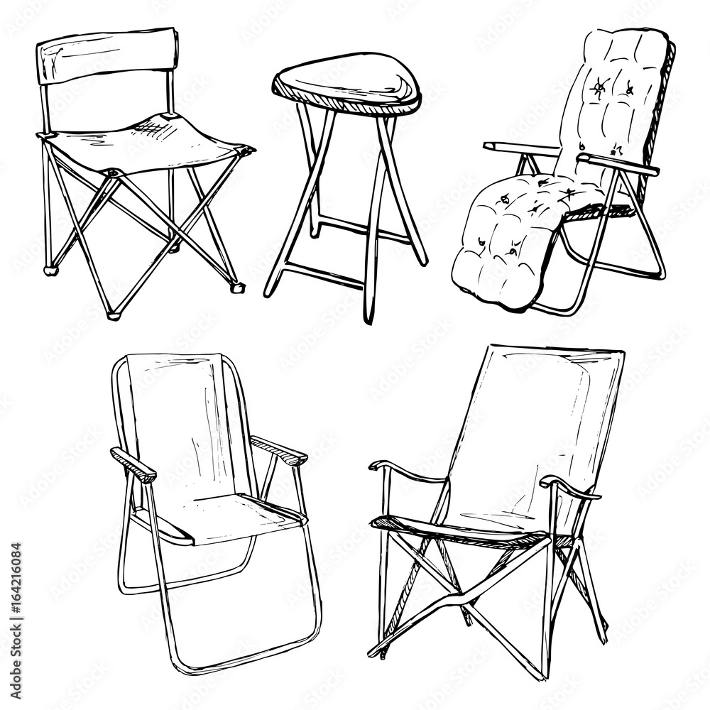 Poster set of folding chairs on a white background isolation. vector illustration in a sketch style.