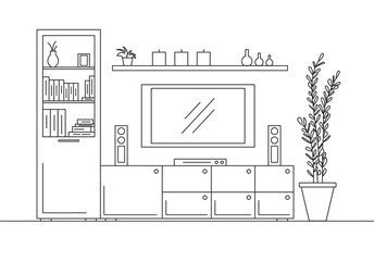 Linear sketch of the interior. Bookcase, dresser with TV and shelves. Linear sketch of the interior in a modern style.