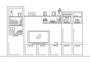Linear sketch of the interior. Bookcase, dresser with TV and shelves. Linear sketch of the interior in a modern style.