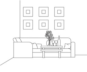 Corner sofa, table with a vase, glasses and a bottle. On the wall of the frame. Linear sketch of the interior in a modern style.