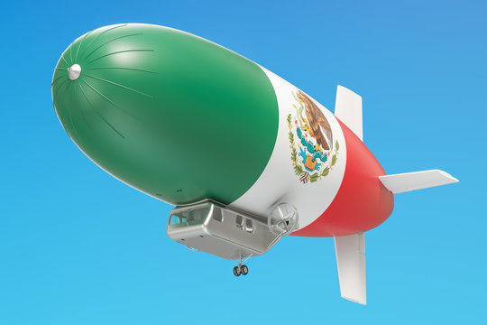 Airship or dirigible balloon with Mexican flag, 3D rendering