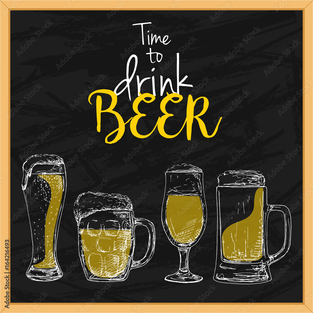 Poster background with beer. drawing chalk on a blackboard. caption: time to drink beer. place on your text