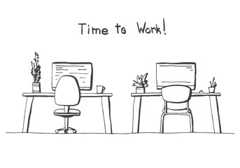 Sketch the room. Office chair, desk, various objects on the table. Sketch workspace. The inscription is the time to work Vector illustration