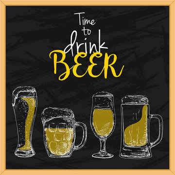 Background with beer. Drawing chalk on a blackboard. Caption: time to drink beer. Place on your text. Vector illustration of a sketch style.