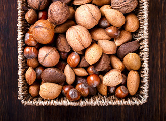 Mixed nuts.Walnuts,Brazil nuts,almonds,hazelnuts.Concept of Healthy Eating.selective focus.