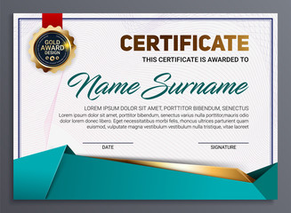 Vector certificate or diploma template with luxury line pattern and gold award emblem, Vector illustration