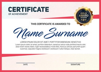 Vector certificate or diploma template with luxury line pattern and gold award emblem, Vector illustration