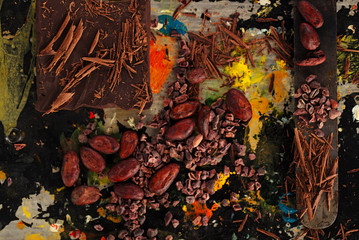 raw cacao nibs, shredded chocolate and cocoa beans
