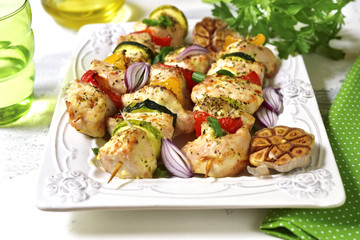 Grilled chicken kebab and vegetables.