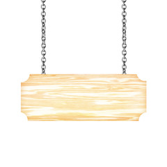 Wooden sign hanging on a chain isolated on white background