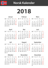 Norwegian Calendar for 2018. Scheduler, agenda or diary template. Week starts on Monday